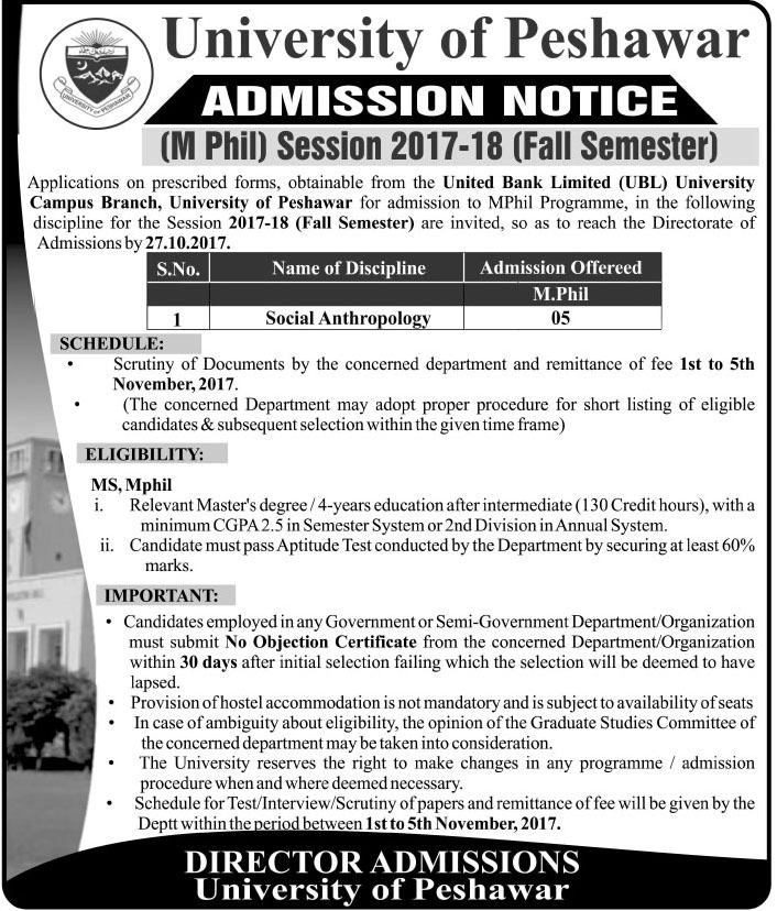 University Of Peshawar M.Phil Admission 2018 Fall Session Form, Last Date