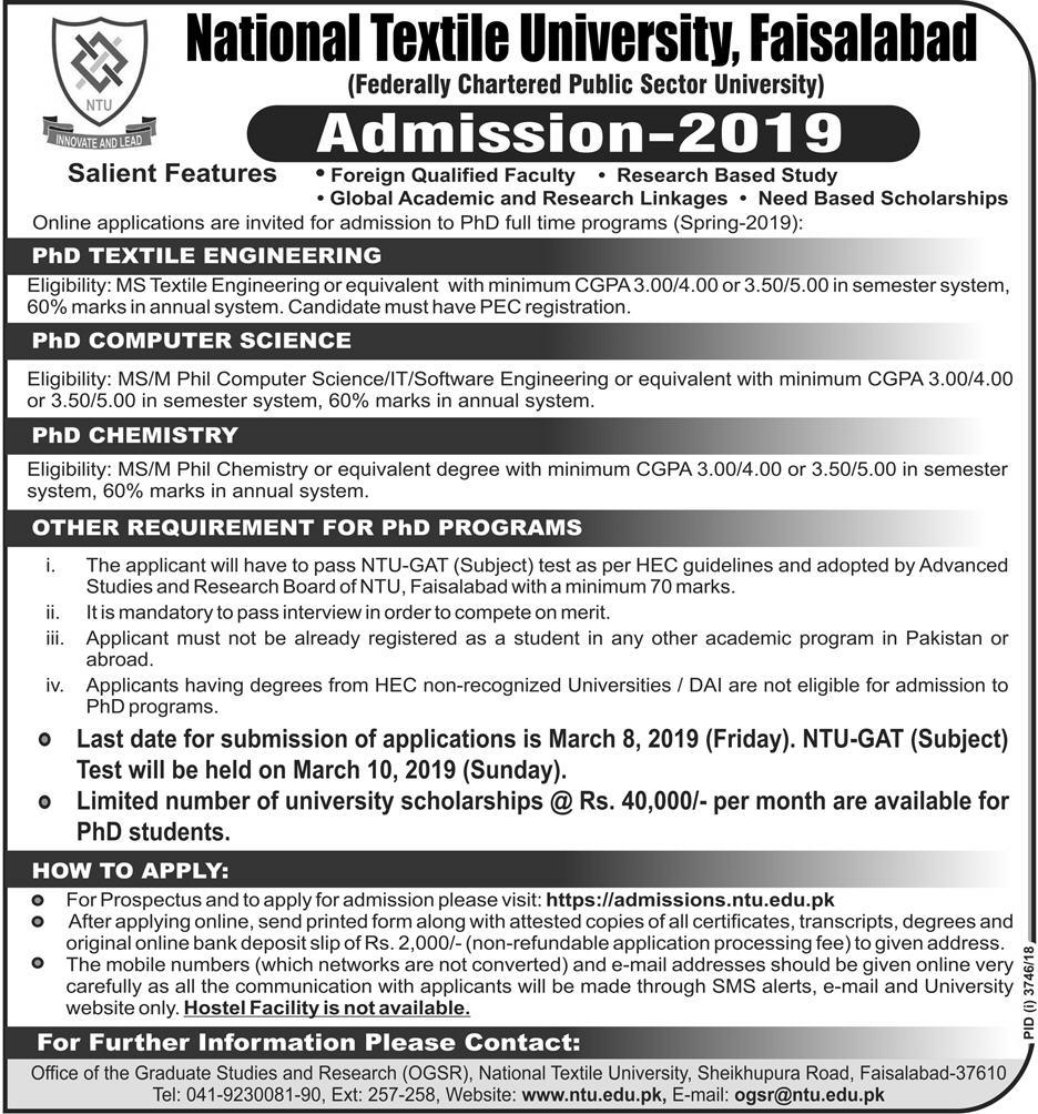 NTU Faisalabad PhD Admission 2019 Form Last Date Eligibility
