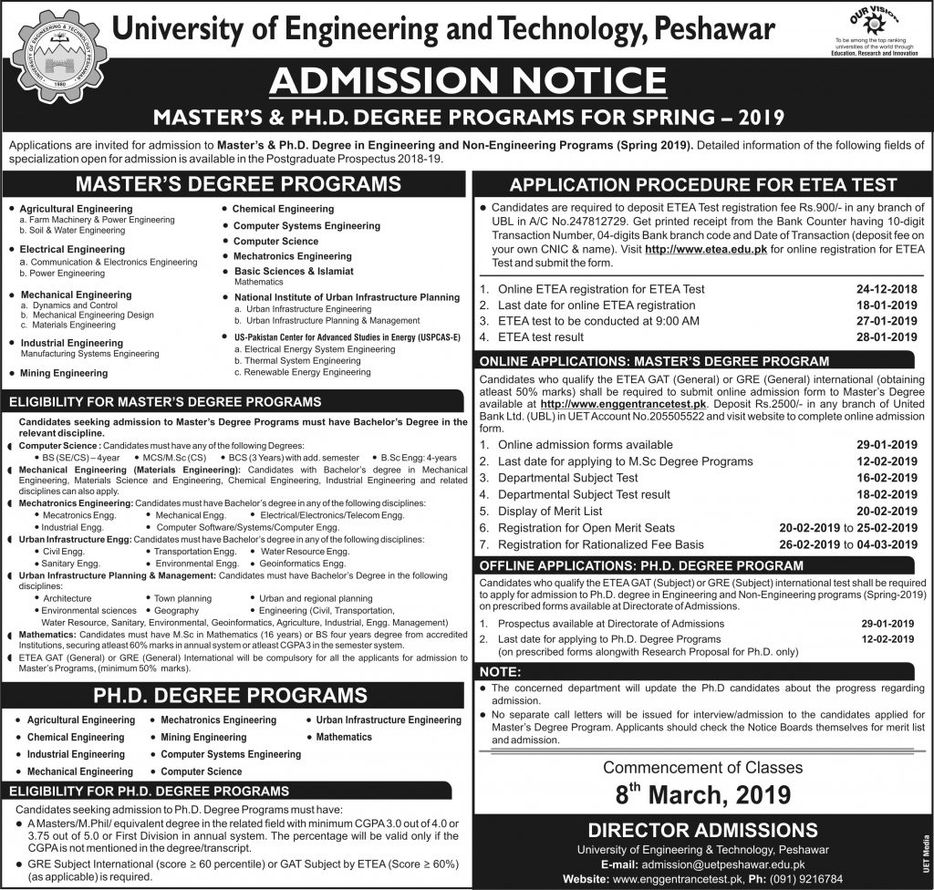UET Peshawar Spring Admission 2022 Master Form Entry Test Last Date