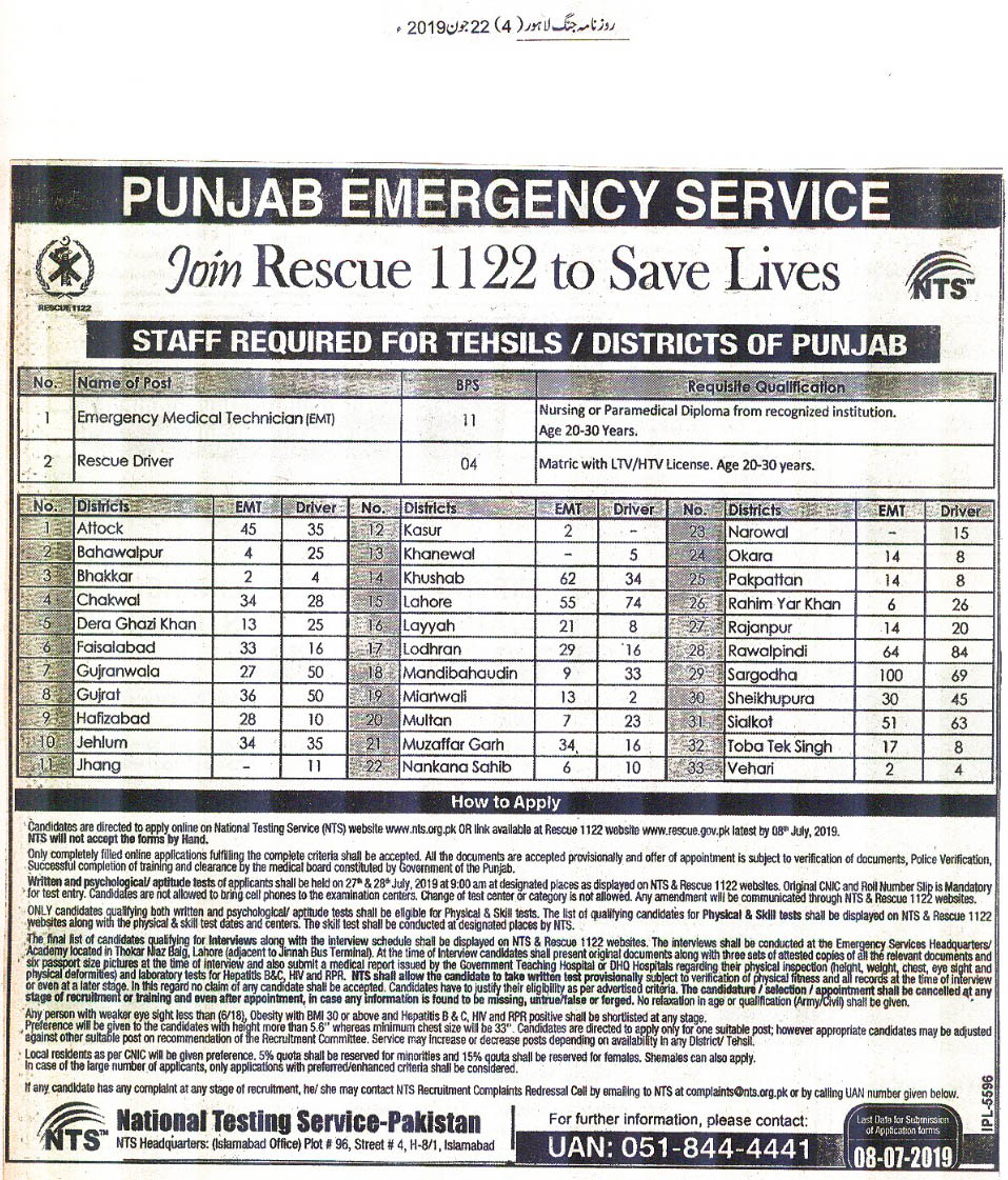 Rescue 1122 Driver Jobs 2019 Punjab NTS Apply Online Registration