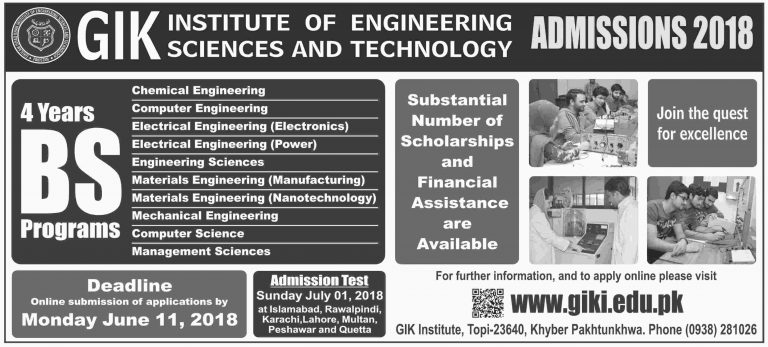 GIKI University BS Engineering Admission 2019
