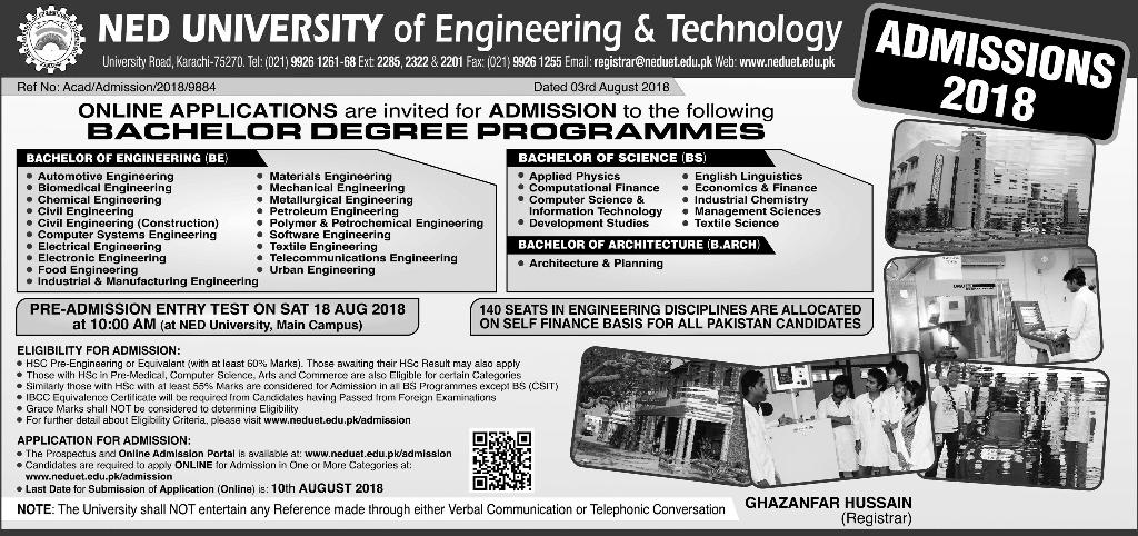 NED UET Karachi Bachelors Admissions 2019 Apply Online, Schedule