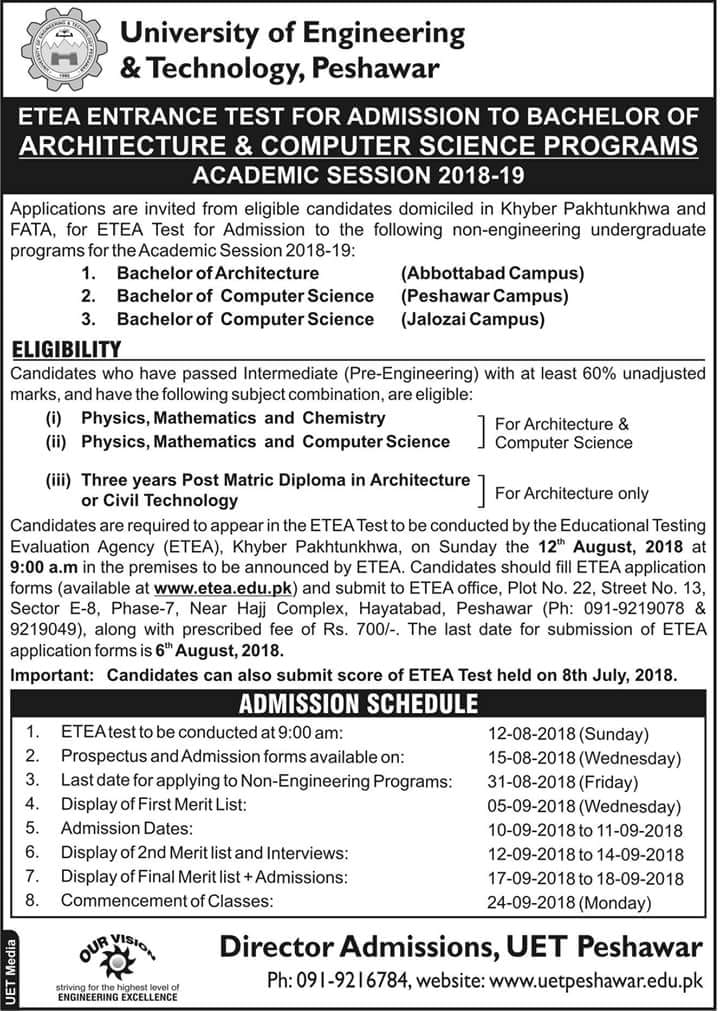 UET Peshawar ETEA Test 2019 Dates For BS Computer, Architec