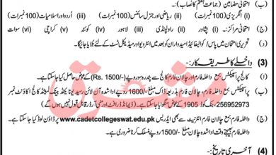 Cadet College Swat 8th Class Admission 2025