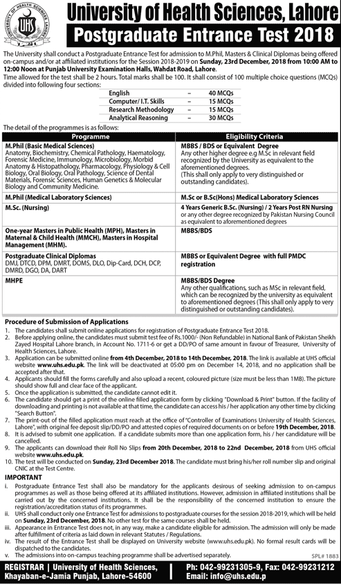 UHS Lahore Postgraduate Entry Test 2022-19 Date Schedule, Registration