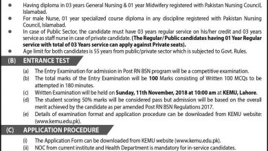 KEMU Lahore Nursing Admissions 2025 Post RN BSN Form, Last Date