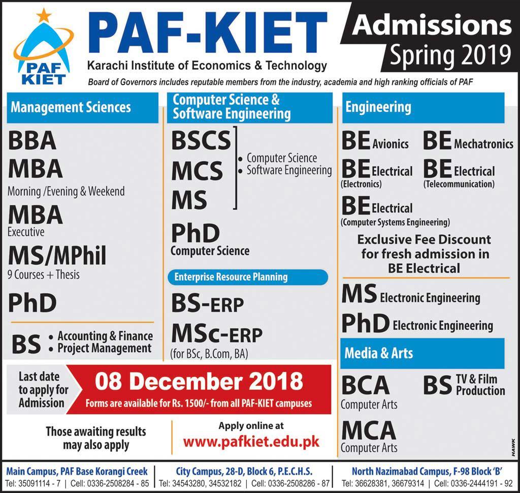 PAF KIET Admission 2019 Spring Download Apply Online Form Last Date