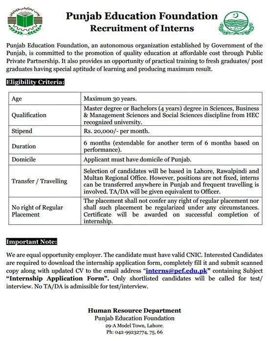 Punjab Education Foundation Internship Program 2022 PEF Registration Form Last Date