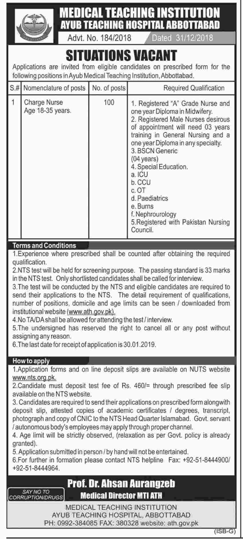NTS Charge Nurse Result 2019 Answer Keys For Ayub Medical Teaching Institute