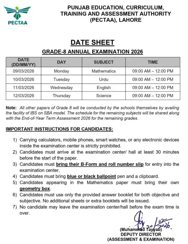 pec.edu.pk 8th Class Date Sheet