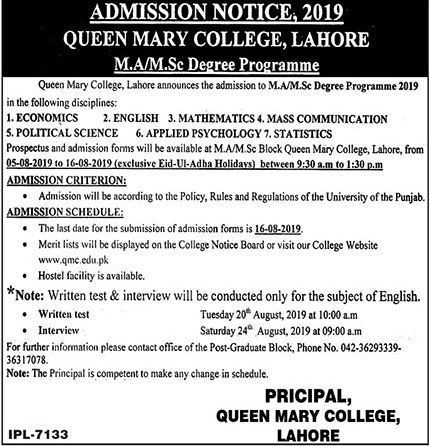 Queen Mary College MA MSc Admission 2019 Entry Test Result