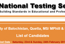 University Of Balochistan NTS Result 2025 For MS MPhil PhD