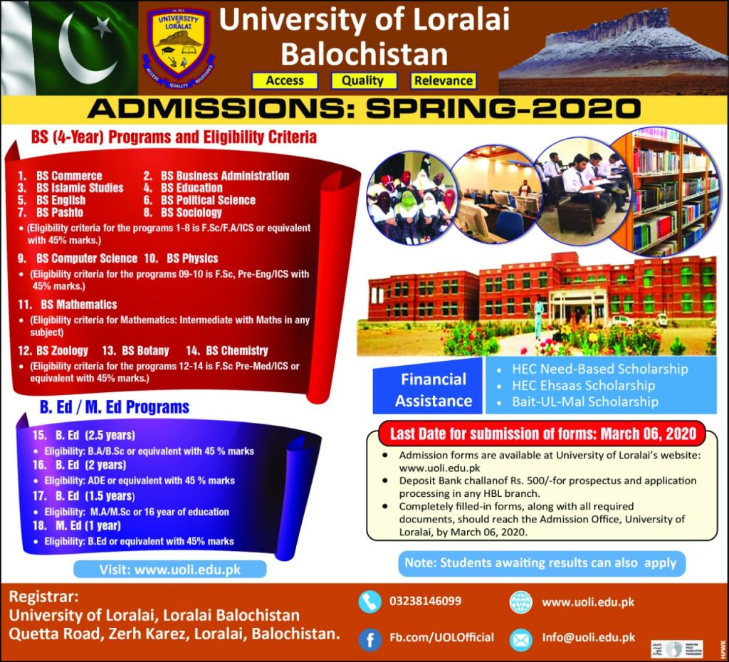 University Of Loralai Masters Admissions 2022