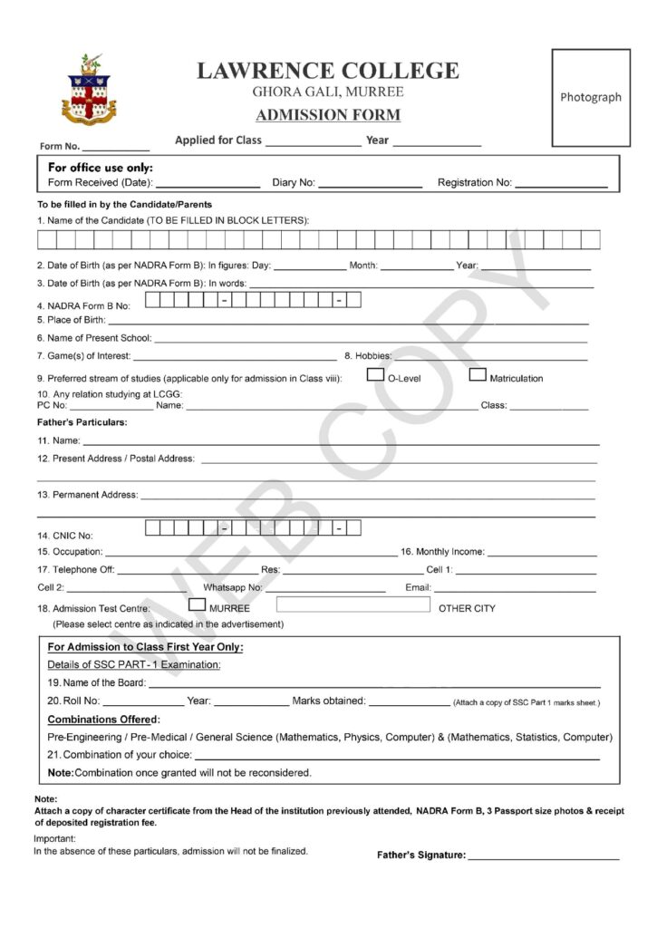 Lawrence College Murree Admission Form 2026 1st Year Entry Test