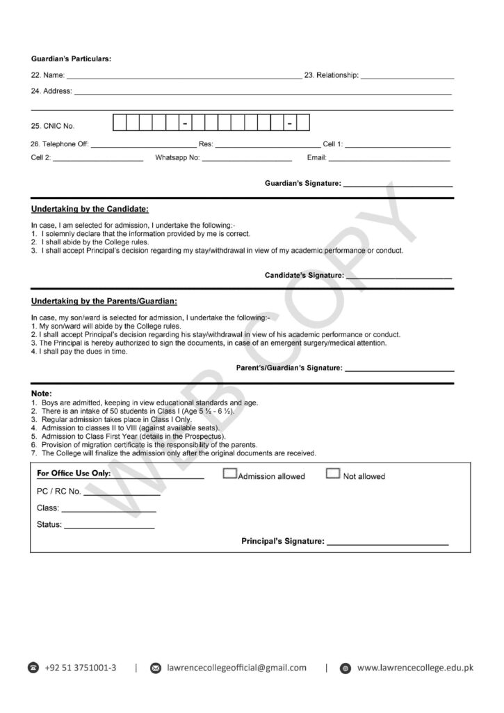 Lawrence College Murree Admission Form 2026 1st Year Entry Test