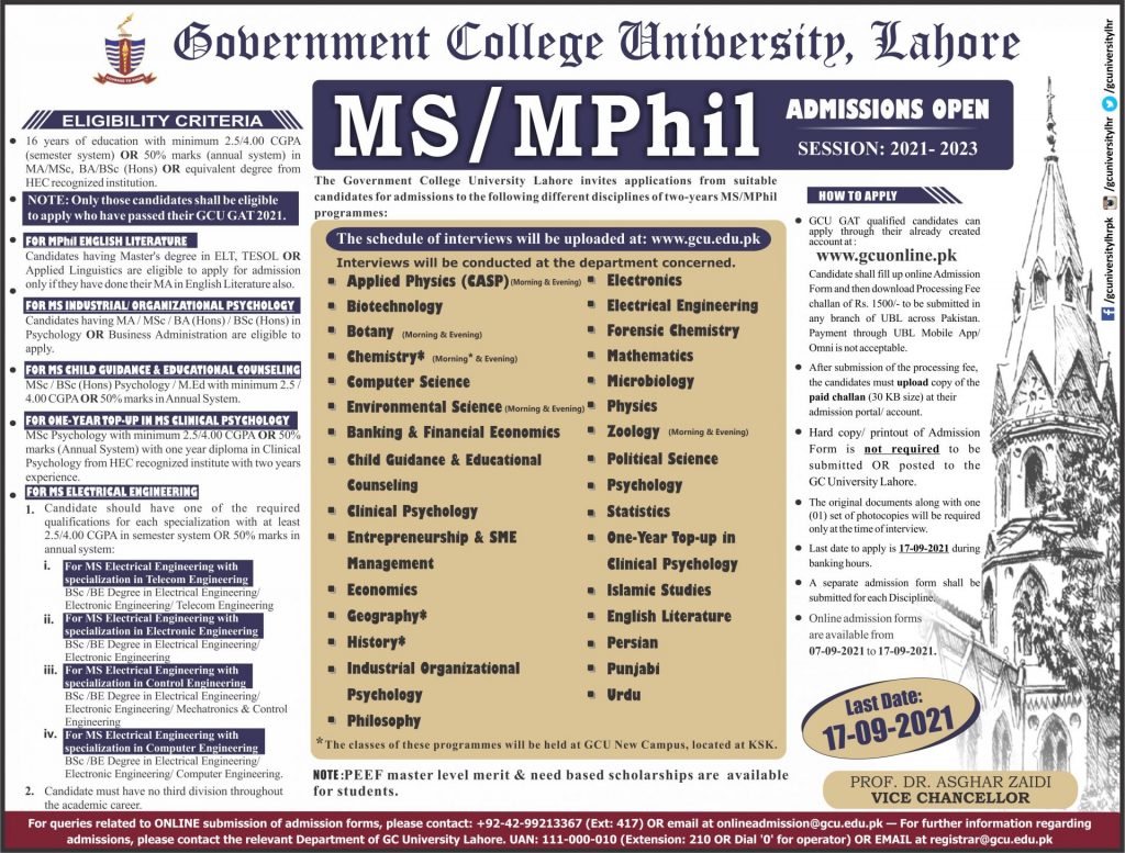 GC University Lahore M.Phil MS Admission 2022