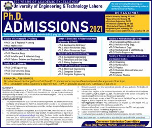 UET Lahore PhD Admission 2021