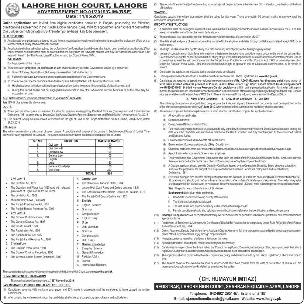 Lahore High Court Civil Judge Jobs 2019 Apply Online Last Lahore