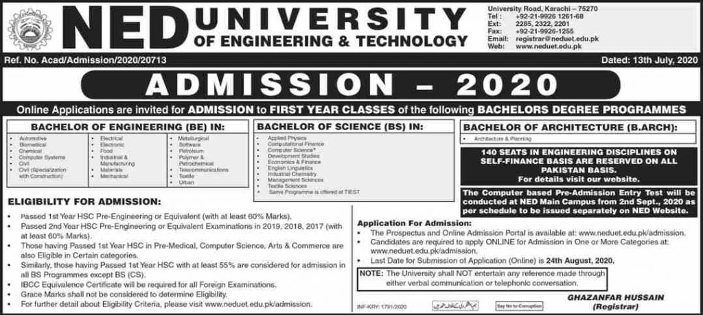 NED University Karachi Undergraduate Admission 2020