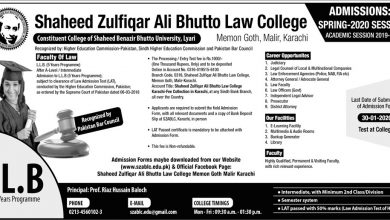 Shaheed Zulfiqar Ali Bhutto Law College Admission 2025