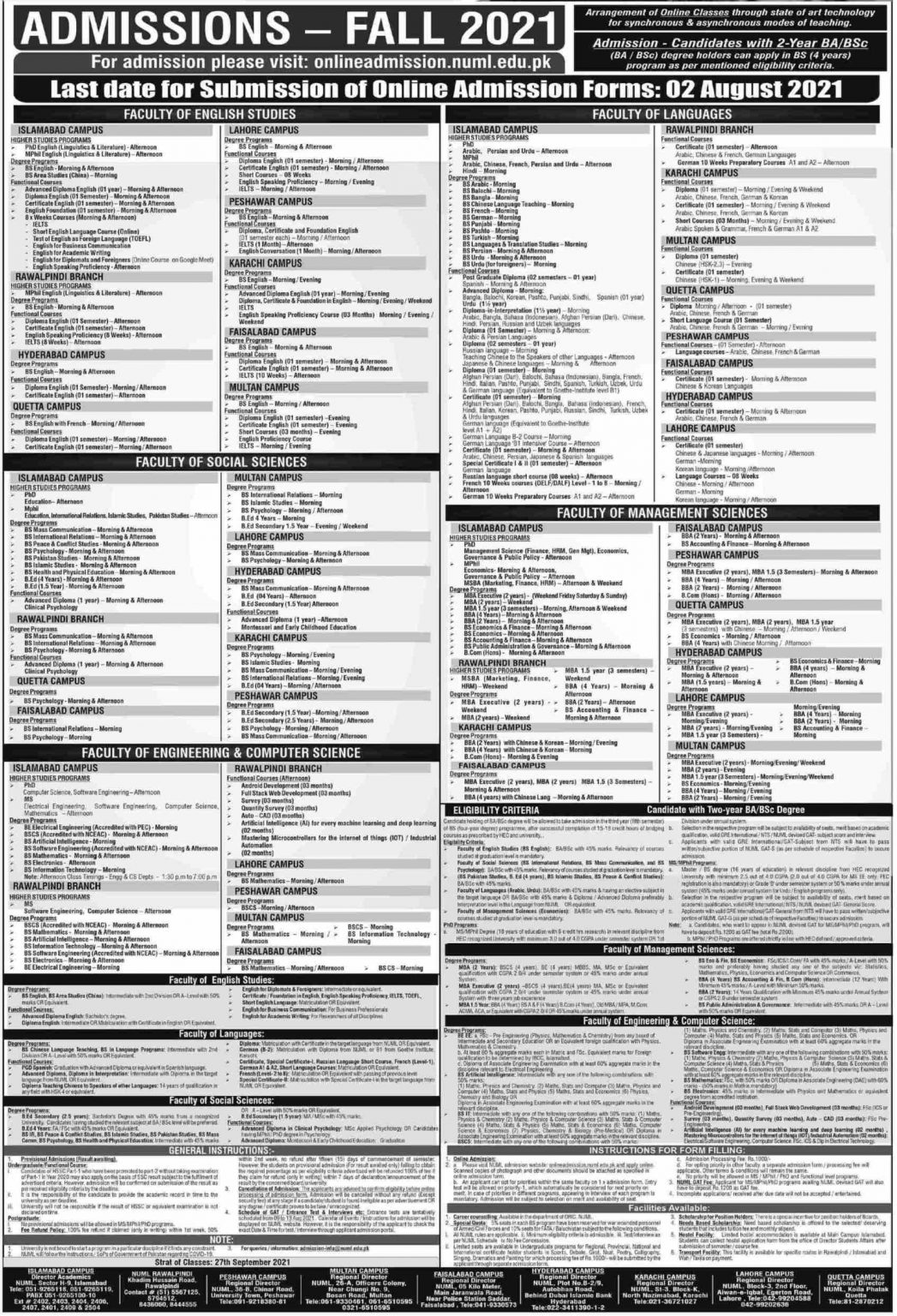 NUML University Fall Admission 2022 Apply Online Last Date