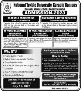 National Textile University Karachi Campus Admission 2025 1 National Textile University Karachi Campus Admission 2025