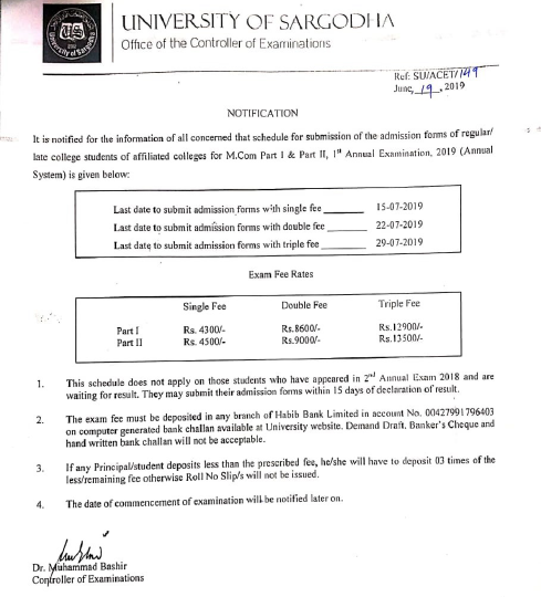 University Of Sargodha M.Com Admission 2019 Form Fees Date Schedule