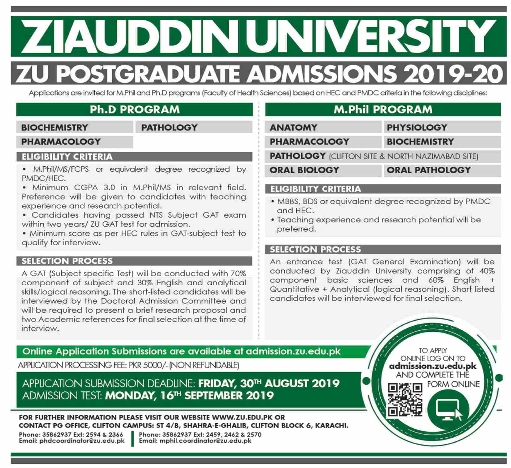 Ziauddin University Postgraduate Admissions 2019 PhD, MPhil, MS Form Last Date