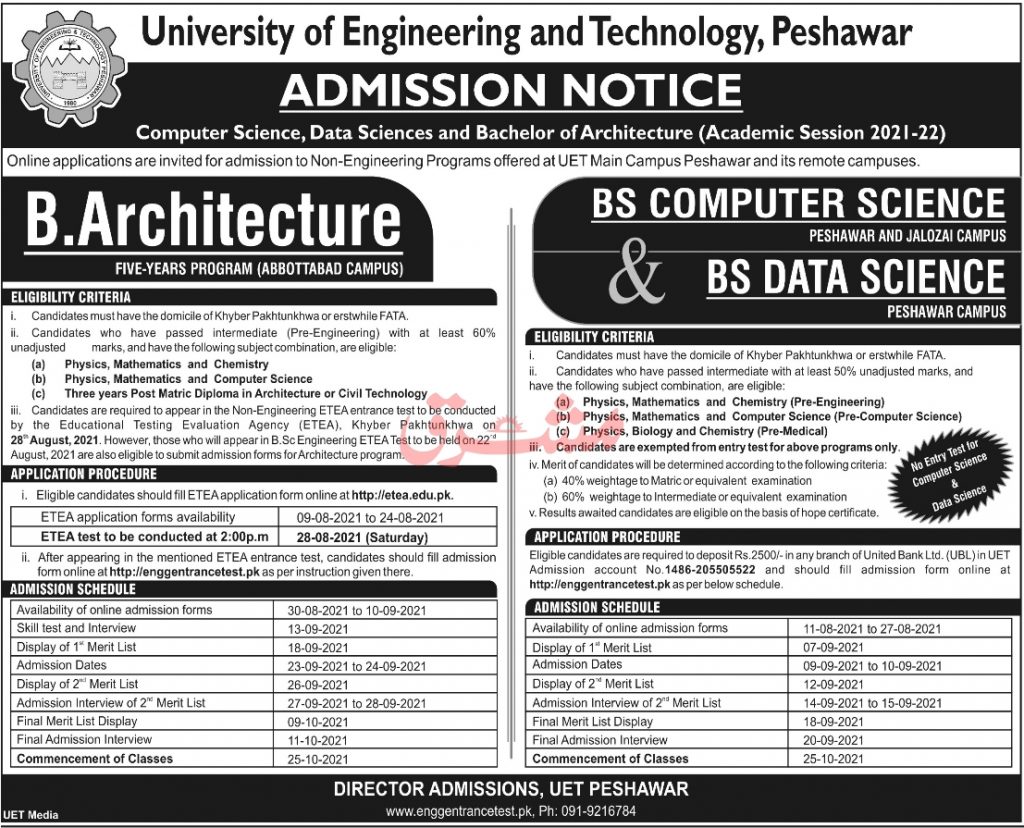 UET Peshawar ETEA Test 2022 Dates For BS Computer, Architecture