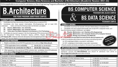 UET Peshawar ETEA Test 2025 Dates For BS Computer, Architecture
