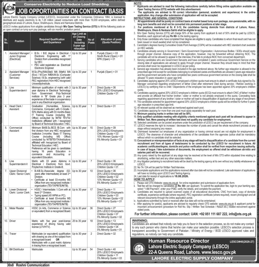 LESCO Jobs 2026 Apply Online – Lahore Electric Supply Company Contract Jobs 1 Job