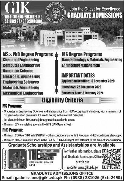 GIKI Graduate Admission 2025 Spring 1 GIKI Graduate Admission 2025 Spring