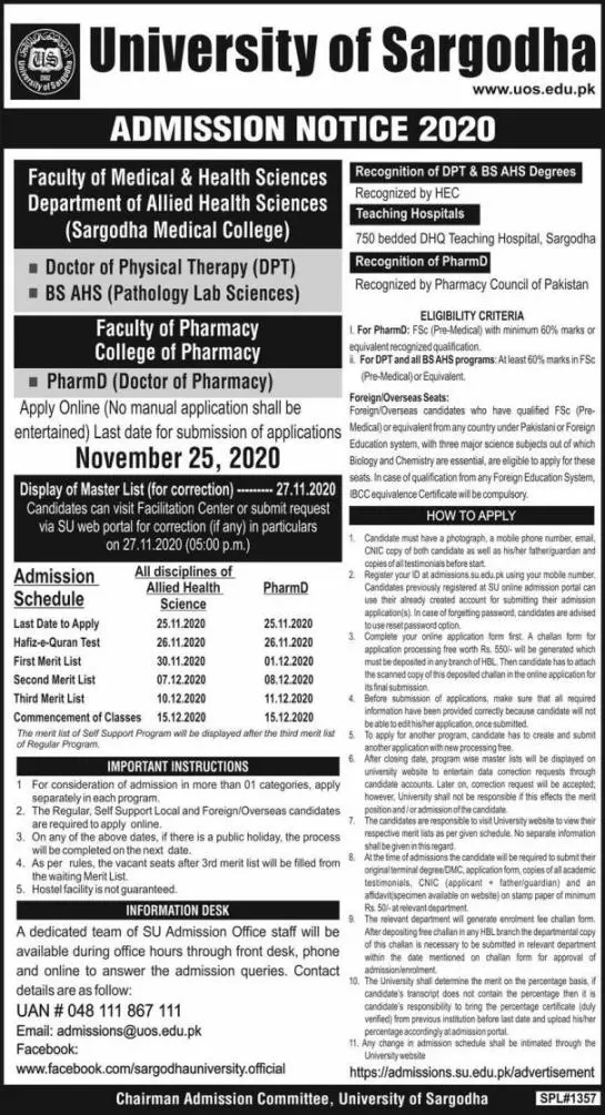 University Of Sargodha DPT, Pharm D Admissions 2026 1 University Of Sargodha DPT, Pharm D Admissions 2026