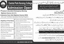 Central Park Nursing College Lahore Admission 2025