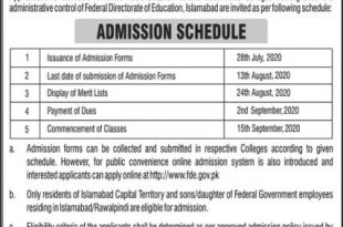 FDE Islamabad Intermediate Admissions 2022 Form Fees Date Schedule