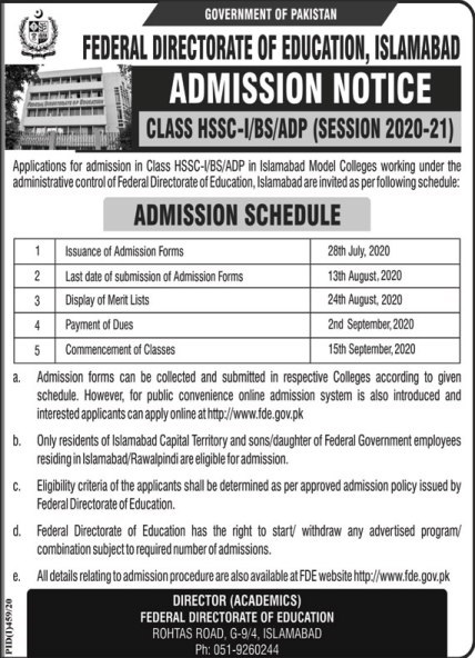 FDE Islamabad Intermediate Admissions 2025 Form Fees Date Schedule