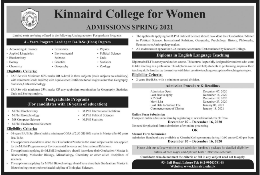 Kinnaird College Admission Spring 2022