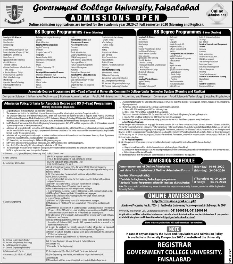 GCWUF Faisalabad Admission 2022
