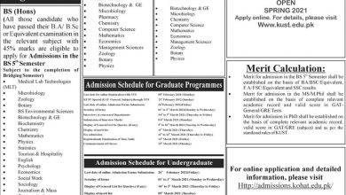 Kohat University KUST Admissions 2025 Spring