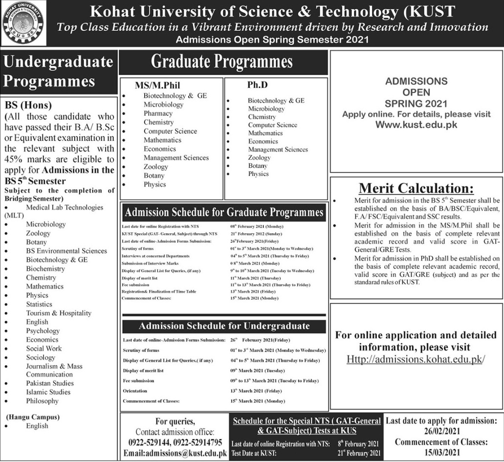 Kohat University KUST Admissions 2025 Spring