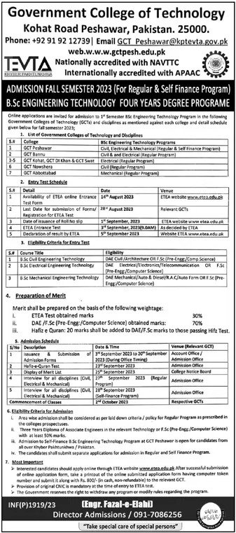 Government College of Technology GCT Peshawar Admission 2025 1 Government College of Technology GCT Peshawar Admission 2025