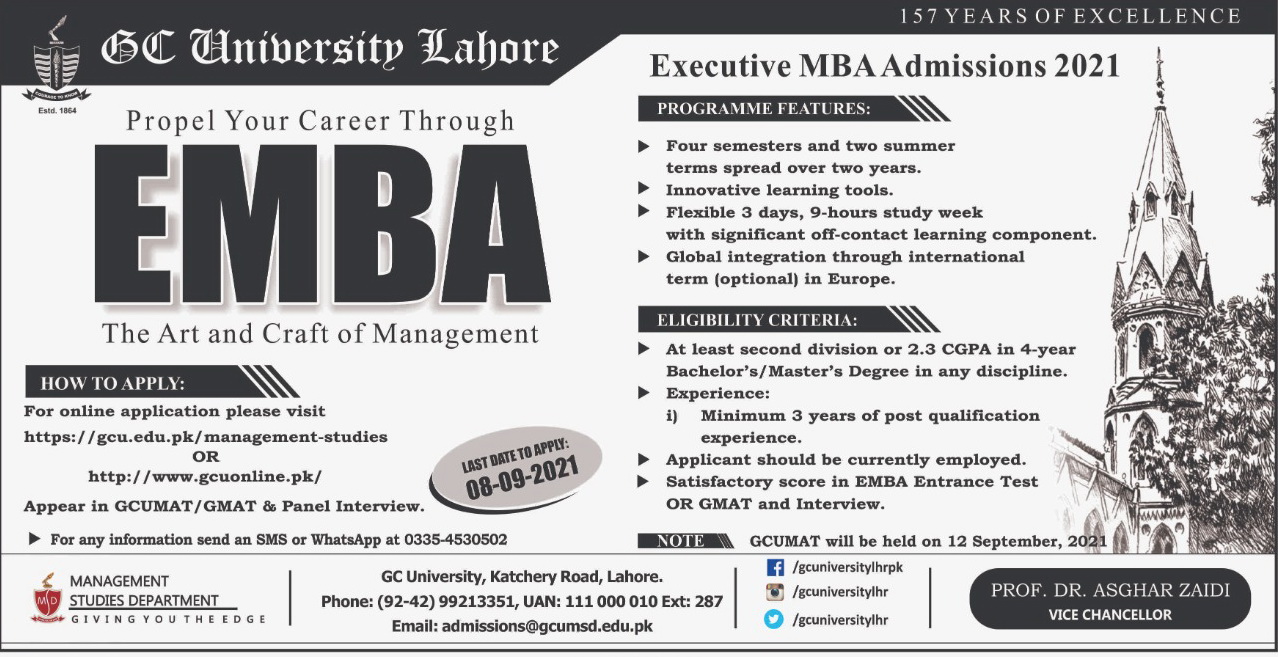 GCU Lahore MBA Executive Admission 2024 Form, Last Date