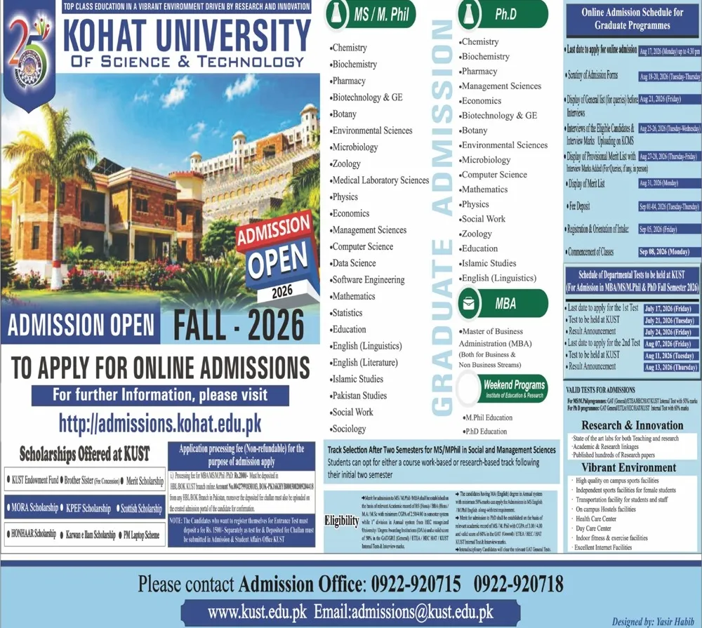 Kohat University KUST Admissions 2026 Spring 1 Kohat University