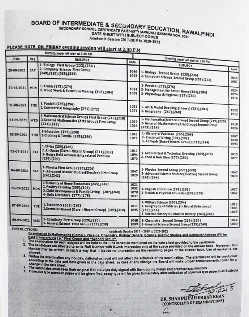 BISE Rawalpindi Board 9th Class Date Sheet 2022