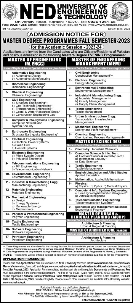 NED University of Engineering Karachi Masters Admission 2025