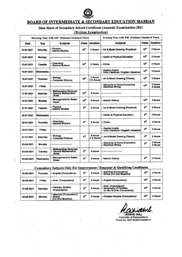 Mardan Board 9th and 10th Class Date Sheet 2022