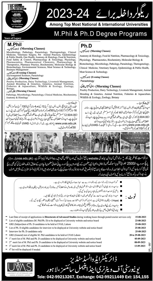 UVAS Mphil And Phd Admission 2025