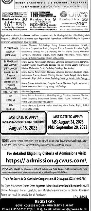 GC Women University Sialkot Admission 2025
