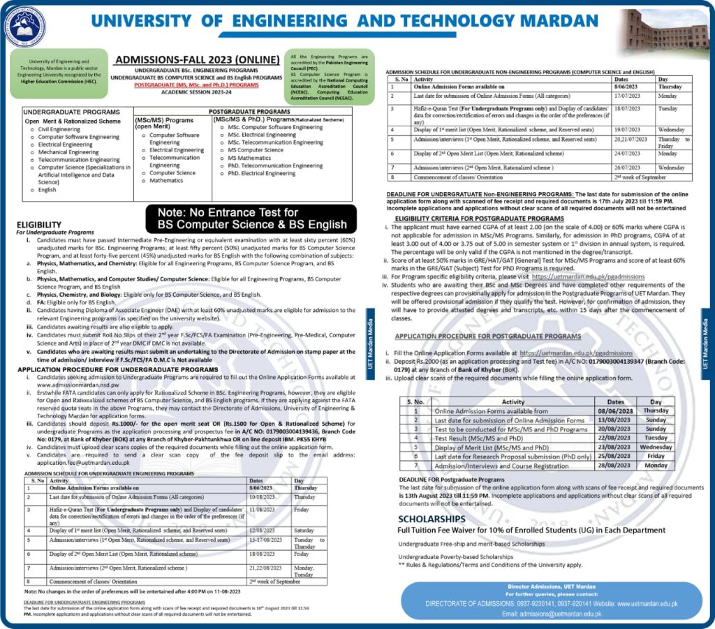 UET Mardan Admission 2025 Advertisement, Last date 1 UET Mardan Admission 2025
