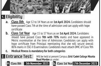 Girls Cadet College Mardan Admission 2025 Last Date, Form
